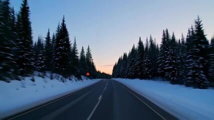A winding highway through a snowy forest at dawn or dusk, with muted colors - Powered by Adobe