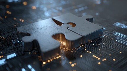 a futuristic metallic puzzle piece connecting on a glowing digital circuit board symbolizing technology integration and innovation concepts in a modern setting