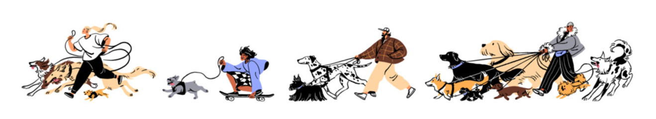 Pet sitters walking dogs set. People lead on leash packs of different puppies. Owners stroll lots of pups. Characters with domestic animals. Flat isolated hand drawn vector illustrations on white.