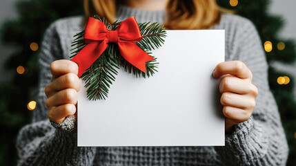 Blank white Christmas card (decorated with red ribbon bow & pine branch) held by hands, set against blurred Christmas tree with bokeh lights. Festive holiday greeting card template, ideal for wallpape