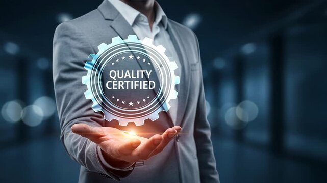 A businessman presenting a quality certified hologram shows inspection accuracy in factory floor iso inspection and iso certification and quality management