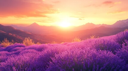Lavender Fields Sunset Over Majestic Mountain Range