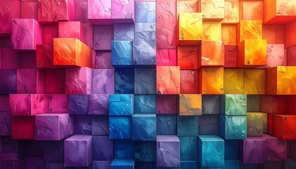 Textured cubes in a rainbow of colors form a layered, abstract geometric pattern, evoking depth and dimension