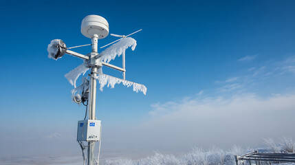 A frosty weather station stands tall against a vivid blue sky. Its instruments are covered in ice and snow, a testament to the harsh winter conditions and a cold, clear day.