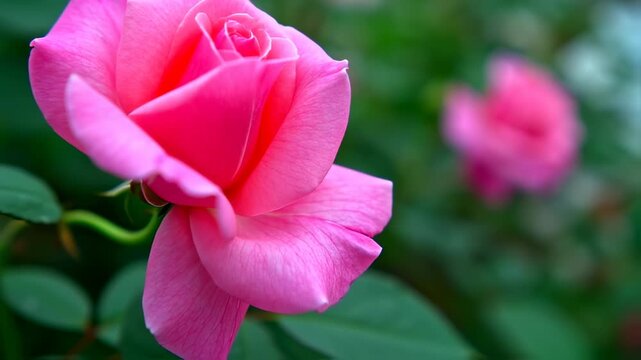 A close-up of a vibrant pink rose in full bloom, with a soft focus effect of another rose in the background