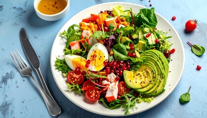 Top view of a plate filled with fresh salad ingredients on a blue background next to salad dressing and silverware