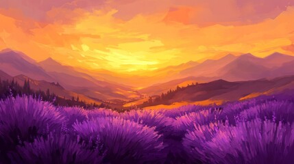Lavender Fields Sunset Over Majestic Mountains