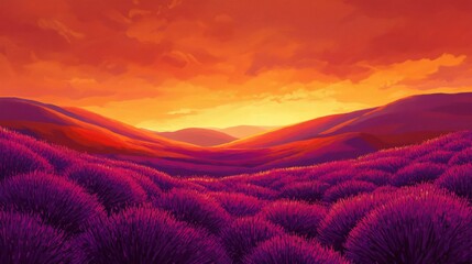 Sunset Over Lavender Fields And Rolling Hills
