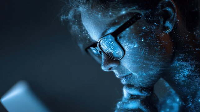 software coding hologram and woman on tablet thinking of data analytics digital technology and night overlay programmer or it person in glasses on 3d screen programming and cybersecurity research - Powered by Adobe