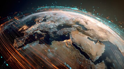 double exposure planet earth overlay with glowing stock market lines and global connection data worldwide business network