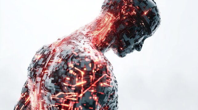 conceptual image of a male figure half human half digital data and glowing circuit elements on a stark white background symbolizing ai and technological evolution - Powered by Adobe