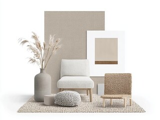 This moodboard features Scandinavian design elements highlighting soft colors, natural materials, and a minimalist approach to comfort in interior decor