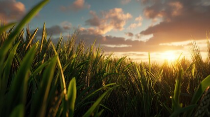 exploring autonomous farming technology in a lush green field during sunset