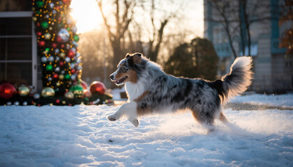 Happy Australian Shepherd dog with blue merle coat running and playing in the snow during a beautiful winter sunset. A festive Christmas tree is blurred in the background, creating a holiday scene.