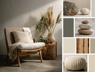 A serene corner features textured furniture, natural stones, and earthy tones, creating a peaceful Scandinavian-inspired space filled with warmth