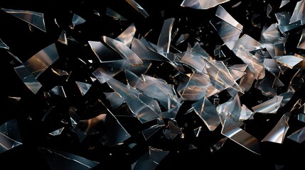 abstract composition of shattered glass fragments floating in midair with light reflections creating dynamic fragmented patterns on black background