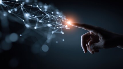 hand interacts with digital network graph pointing to glowing node future tech global connection data flow modern innovation artificial intelligence metaverse concept abstract virtual reality