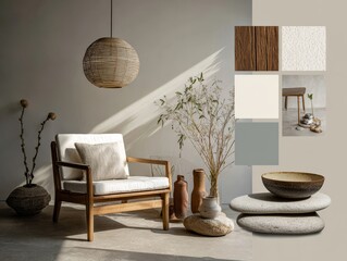 This curated Scandinavian moodboard shows a cozy chair, natural materials, and earthy colors, creating a peaceful atmosphere perfect for relaxation