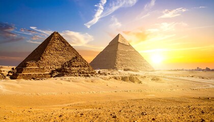 Two large pyramids stand against a bright sunset sky in a vast, sandy desert landscape with city skyline on the horizon