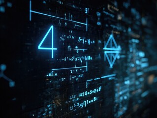 Glowing cyan math equations and symbols float on a blurred, dark background, evoking futuristic data visualization
