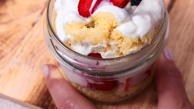 Eating homemade strawberry shortcake trifle cup with fresh strawberries and whipped cream with a spoon close up