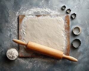 Top-View Baking Scene with Rolled Dough, Rolling Pin, Flour and Metal Cookie Cutters &ndash; Rustic Food Background