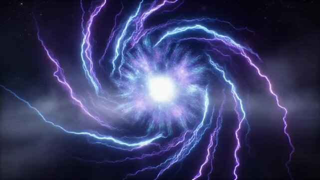 Blue fractal electric lightning flashes across a dark, stormy sky, revealing a powerful plasma energy pattern