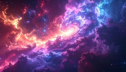 Vibrant cosmic expanse swirls of pink, blue, and orange nebulae against a dark, star-speckled backdrop