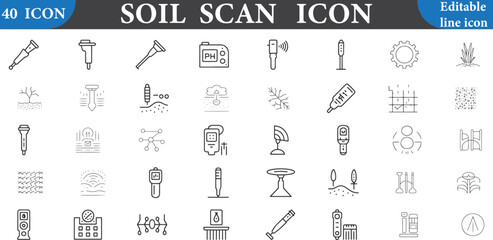 Collection of linear soil testing and agricultural analysis icons in black and white