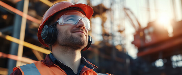Construction worker wearing safety gear at a worksite smiling