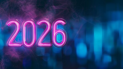 Celebrating the arrival of 2026 with a vibrant neon-lit banner set in a futuristic cyberpunk cityscape filled with colorful lights