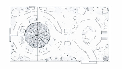Architectural blueprint of a serene garden design with central dome and winding paths