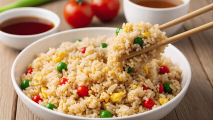 fried rice, fried rice in plate, colorful fried rice in a bowl, asian fried rice with vegetables, egg fried rice served with chopsticks, vibrant homemade stir fried rice