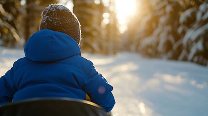 A young child in a blue jacket rides down a snowy hill, with a snowy forest around him. A nice sunny day in the middle of winter, with the warmth that it brings.