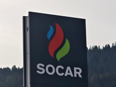 Airolo,Switzerland-Sep.30th 2025: SOCAR brand logo on gas station