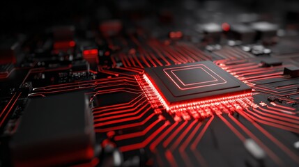 A close-up view of a circuit board featuring a prominent microchip with glowing red connections, showcasing advanced technology and intricate design.