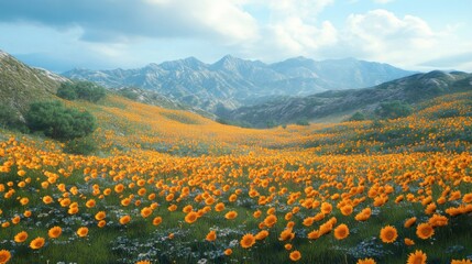 Mountain Valley Wildflower Meadow Abundant Orange Blooms