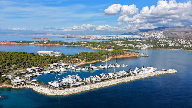 Aerial drone photo of amazing recently renovated Astir Marina with luxury yachts and sail boats  in paradise Peninsula of Vouliagmeni, Athens Riviera, Attica, Greece