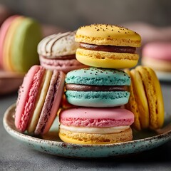 Stacked Colorful French Macarons with Cream and Chocolate Filling Image