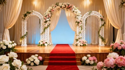 Ornate wedding ceremony stage setup featuring three white lattice arbors adorned with abundant pink and white rose flowers and a plush red carpet runner.