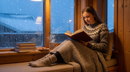 Woman Reading by Window During Icelandic Christmas Book Flood