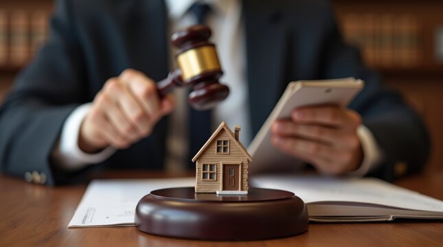 Judge auction and real estate concept. Law hammer and house model. Real estate law. Taxes and profits invested in real estate and home purchase