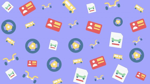 Seamless Digital Pattern Featuring Colorful Credit Cards and CDs on Purple Background, Top-View Illustration for Modern Graphic Design