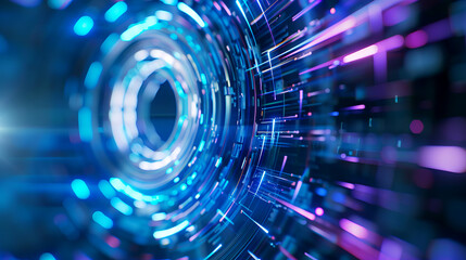 A holographic projector releases glowing patterns and light beams in a dark space. The light creates a visual display of colors and shapes, engaging viewers