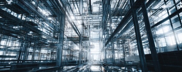 A futuristic architectural space with intricate steel structures illuminated by bright light, creating a sense of depth and modern design.