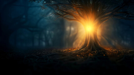 A sturdy tree stands in a dark forest. A bright light shines from within its trunk. The scene takes place during twilight, creating a mystical atmosphere