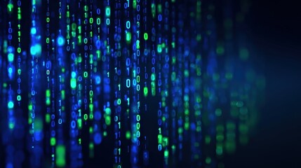 A visually striking digital representation of cascading binary code in green and blue, symbolizing data and technology.