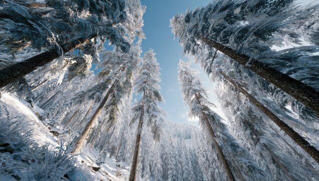 Upward view of a snow-covered forest with tall trees reaching for the bright blue sky on a sunny winter day - Powered by Adobe
