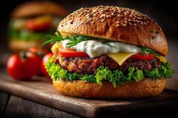 Gourmet Burger with Sesame Seed Bun and Fresh Toppings Image