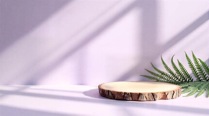 Minimalist wood slice podium on pastel purple background with sunlight and fern leaf shadow for product display 